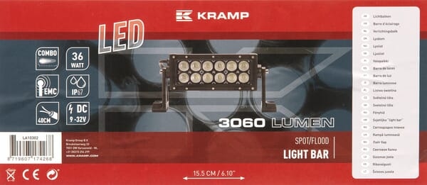 Work light bar LED, 3060lm, rectangular, 12/24V, white, 198.6x79.5mm, Flood, 12 LED's, Kramp - - 8719607174268 - Maykers.com